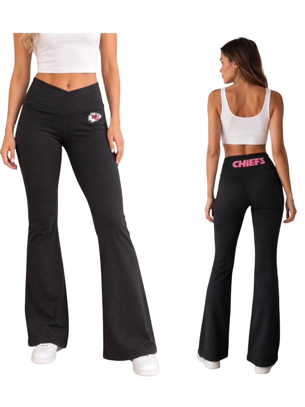 Forever 21 NFL collab Kansas City Chiefs black flare high rise yoga pants NWT LG